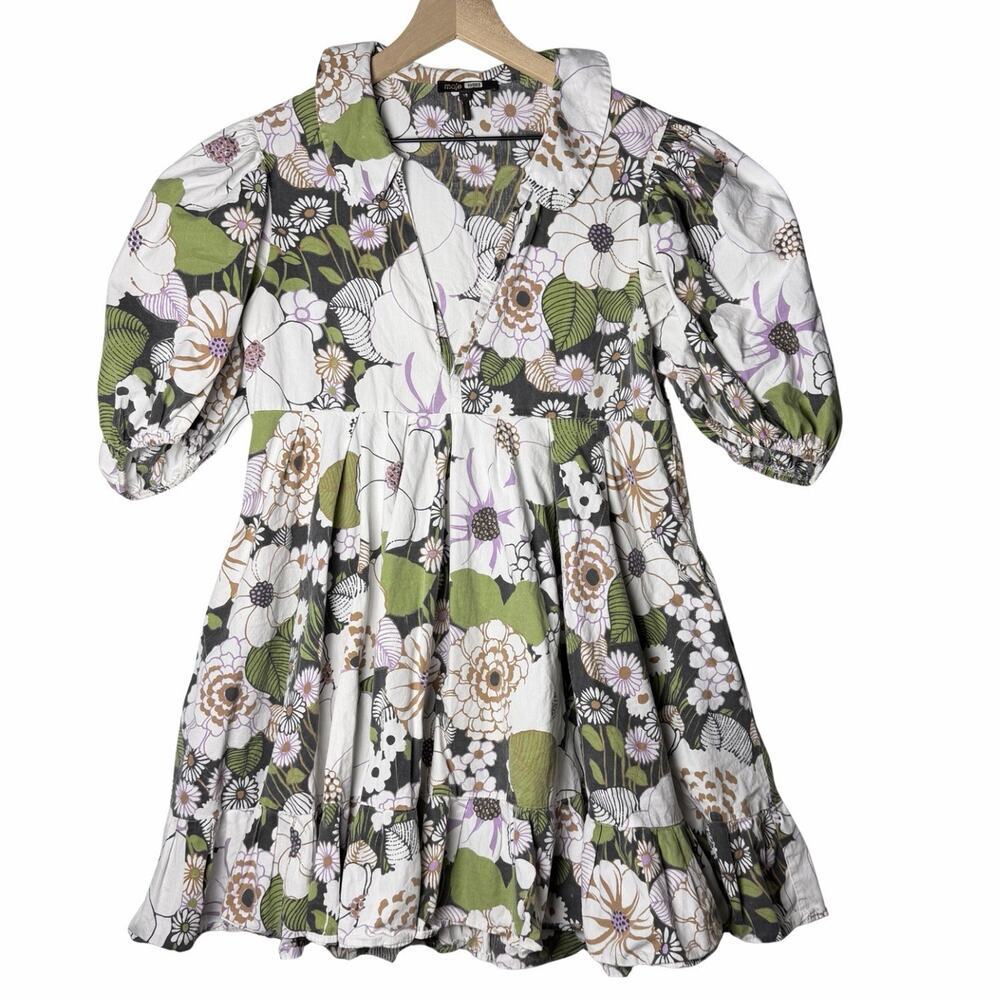 Maje Rafleur Green Floral Puff Sleeve 70s Mini Shift Dress Size 38/M